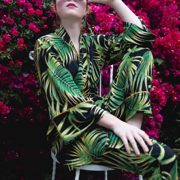 Jennafer Grace Pants - Jennafer Grace green, black and yellow tropical print pencil pants with pockets